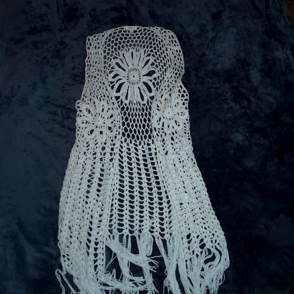 Boho Sleeveless Open Vest Cardigan W/ Fringe & Crochet | Kori America Medium